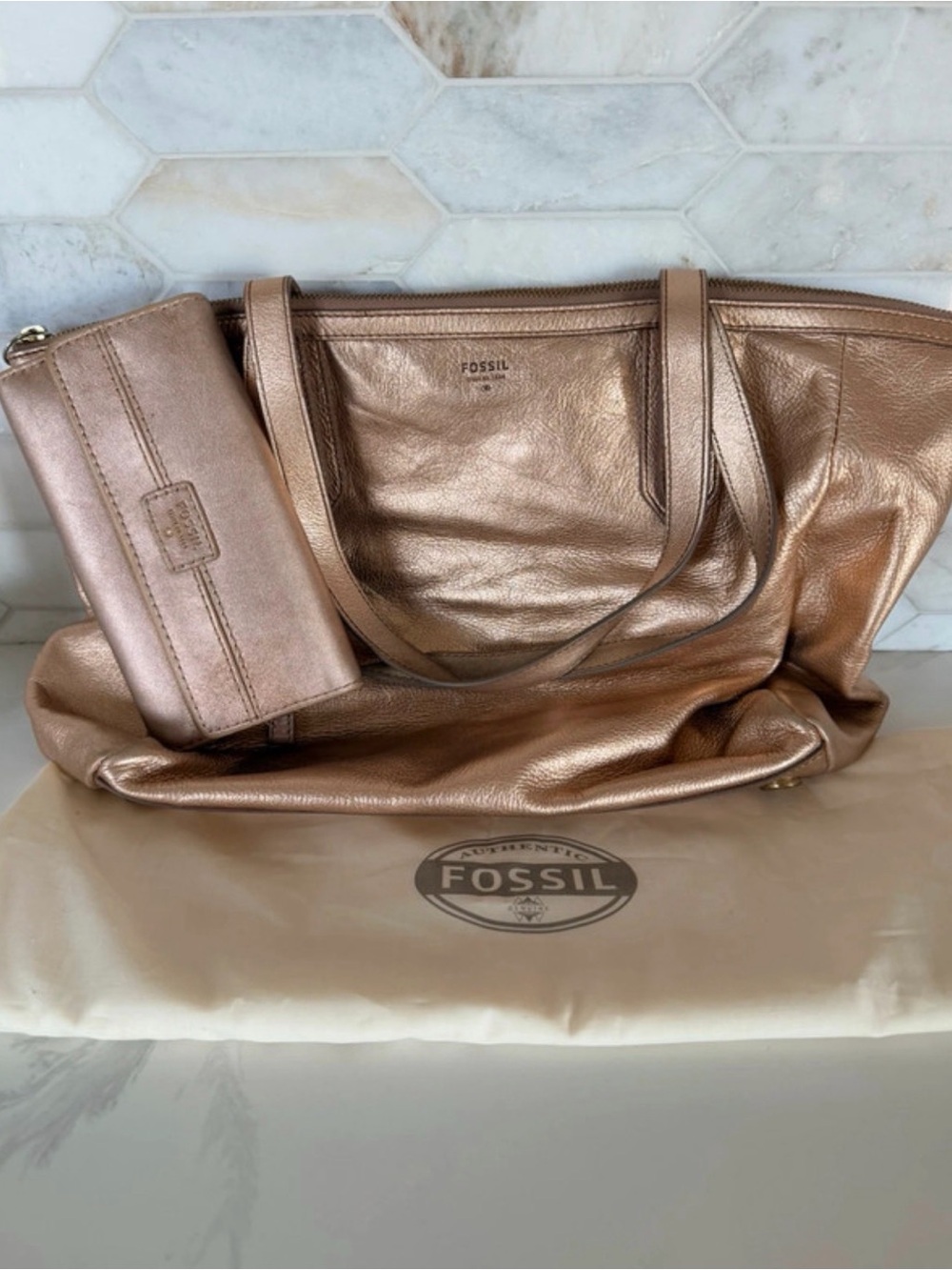 Fossil Metallic Rose Gold Leather Tote with Wallet